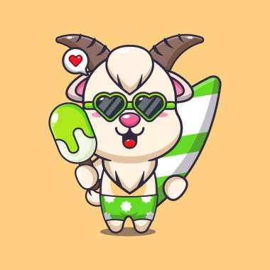 Elinde buz karikatürü resimli sörf tahtası olan sevimli bir keçi. Güzel bir yaz çizgi filmi çizimi. 