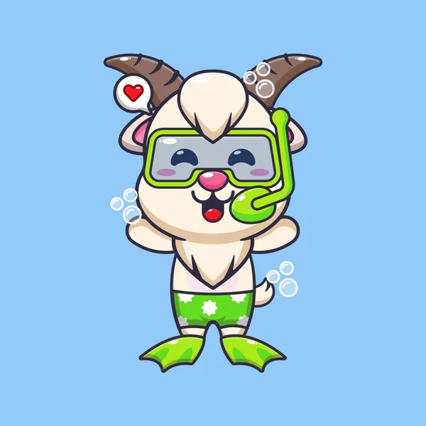 Cute Goat Diving Cartoon Mascot Character Illustration Cute Summer Cartoon — Stock Vector