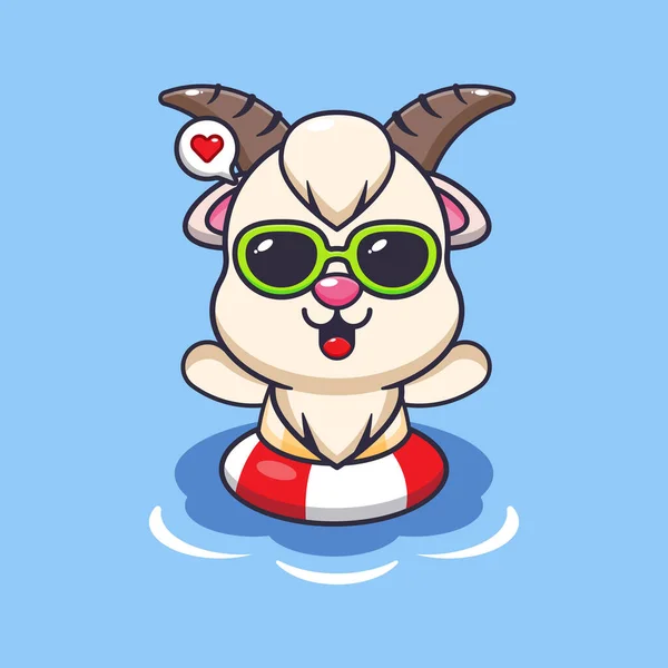 Cute Goat Sunglasses Swimming Beach Cute Summer Cartoon Illustration — Stock Vector