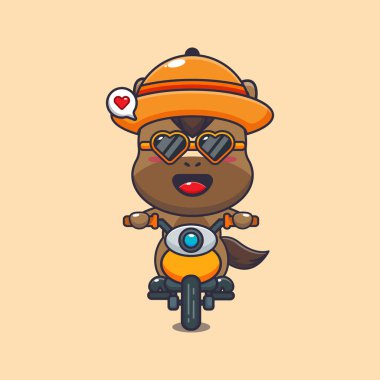 Yaz günü motosiklet süren güneş gözlüklü havalı bir at. Güzel bir yaz çizgi filmi çizimi. 