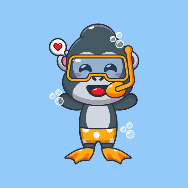 Cute Gorilla Diving Cartoon Mascot Character Illustration Cute Summer Cartoon — Stock Vector