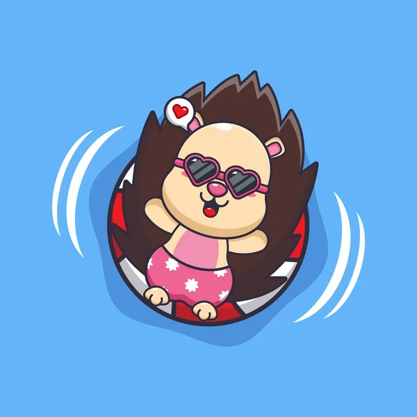 Cute Hedgehog Sunglasses Float Buoy Cute Summer Cartoon Illustration — Stock Vector