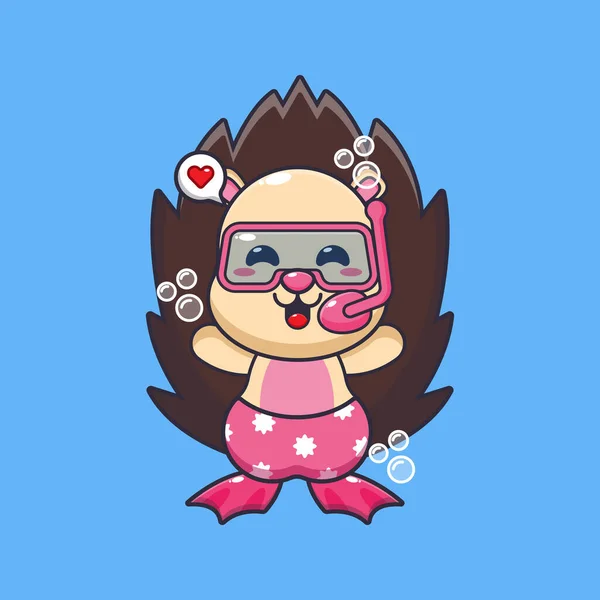 Cute Hedgehog Diving Cartoon Mascot Character Illustration Cute Summer Cartoon — Stock Vector