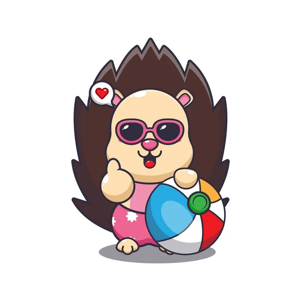 Cute Hedgehog Sunglasses Beach Ball Cartoon Illustration Cute Summer Cartoon — Stock Vector