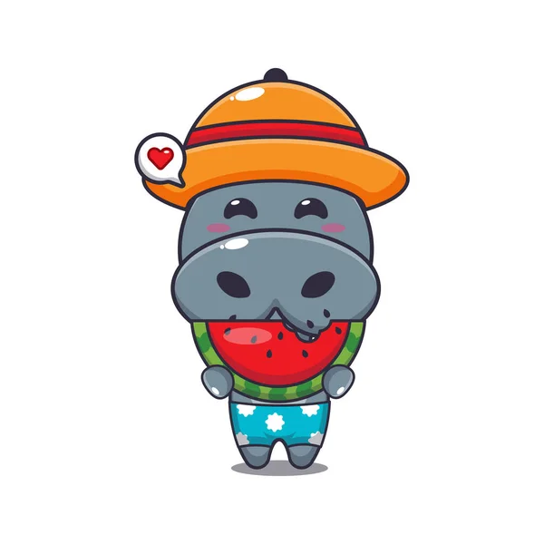 Cute Hippo Eating Fresh Watermelon Cartoon Illustration Cute Summer Cartoon — Stock Vector