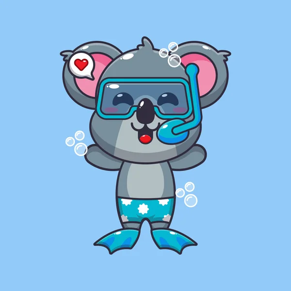 Cute Koala Diving Cartoon Mascot Character Illustration Cute Summer Cartoon — Stock Vector