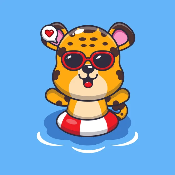 Cute Lampart Okularach Przeciwsłonecznych Pływanie Plaży Cute Letniej Ilustracji Kreskówki — Wektor stockowy