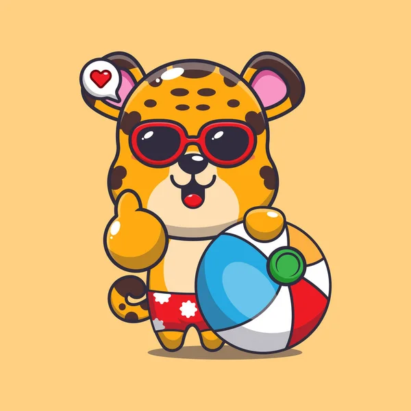 Cute Leopard Sunglasses Beach Ball Cartoon Illustration Cute Summer Cartoon — Stock Vector