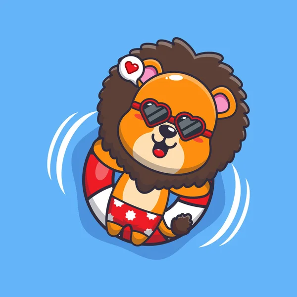 Cute Lion Sunglasses Float Buoy Cute Summer Cartoon Illustration — Stock Vector