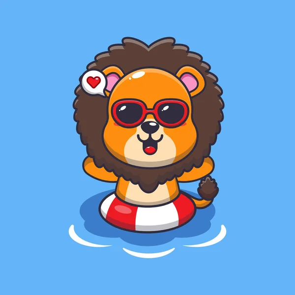 Cute Lion Sunglasses Swimming Beach Cute Summer Cartoon Illustration — Stock Vector