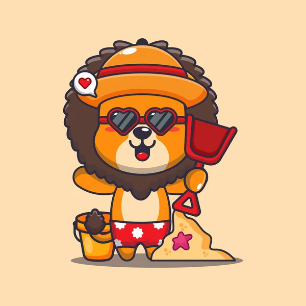 Cute Lion Sunglasses Play Sand Beach Cartoon Illustration Cute Summer — Stock Vector