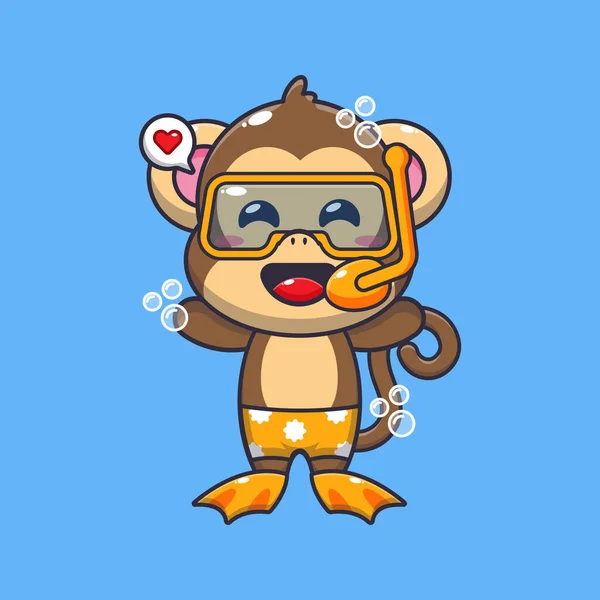 stock vector Cute monkey diving cartoon mascot character illustration. Cute summer cartoon illustration. 