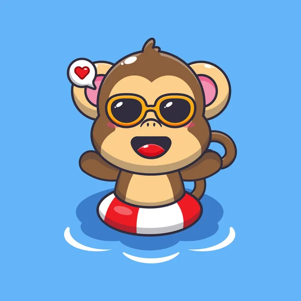 Cute Monkey Sunglasses Swimming Beach Cute Summer Cartoon Illustration — Stock Vector