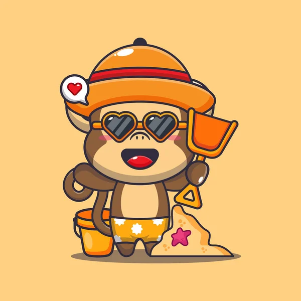 Roztomilé Opice Slunečních Brýlích Hrát Písek Pláž Kreslené Ilustrace Roztomilé — Stockový vektor