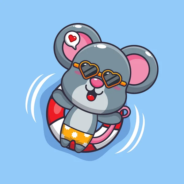 戴着太阳镜的可爱老鼠带着浮标漂浮着 可爱的夏季卡通画 — 图库矢量图片