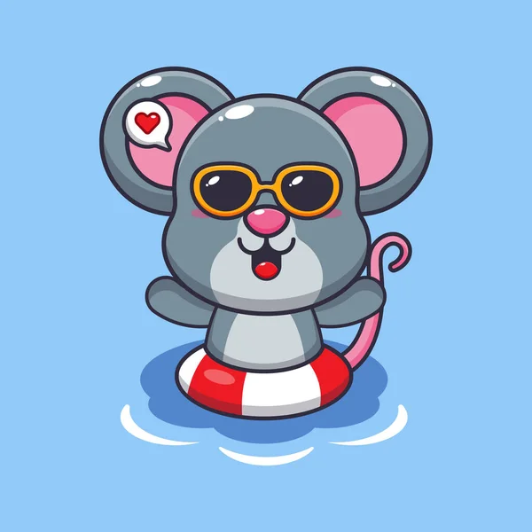 Cute Mouse Sunglasses Swimming Beach Cute Summer Cartoon Illustration — Stock Vector