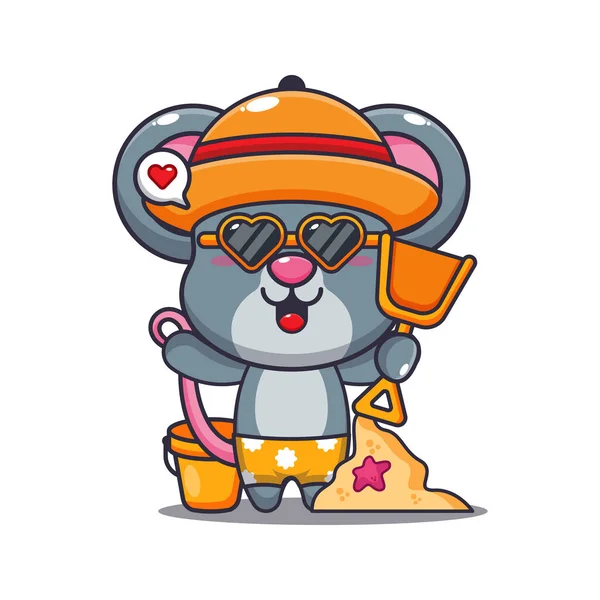 戴着太阳镜的可爱老鼠玩沙滩卡通画 可爱的夏季卡通画 — 图库矢量图片