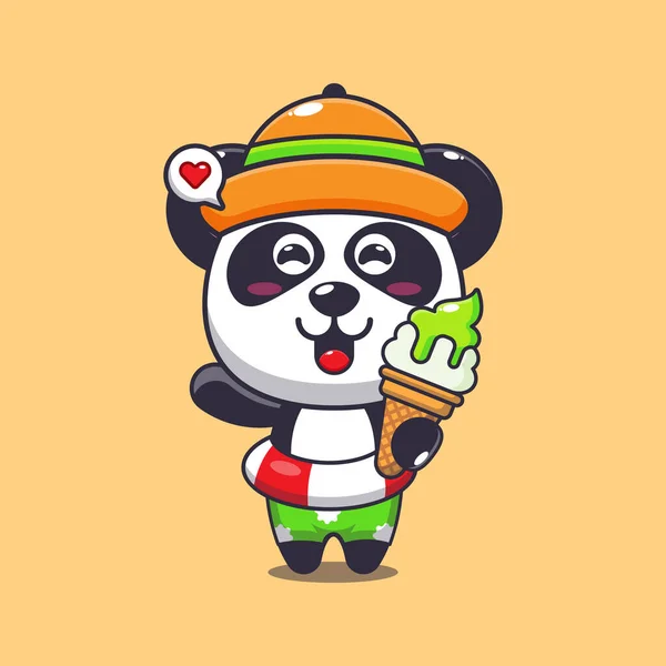 Mignon Panda Avec Crème Glacée Sur Plage Illustration Dessin Animé — Image vectorielle