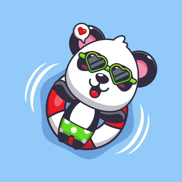 Güneş gözlüklü şirin panda şamandırayla yüzüyor. Güzel bir yaz çizgi filmi çizimi. 