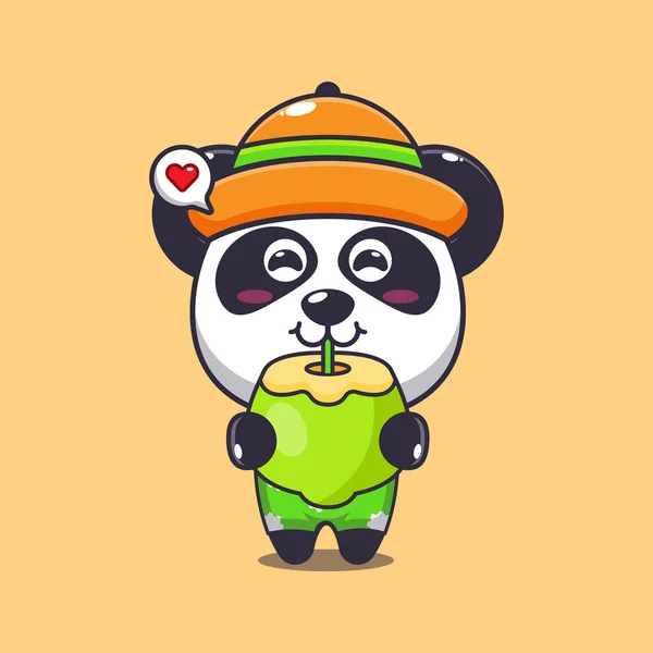 Niedlichen Panda Trinken Frische Kokosnuss Cartoon Illustration Niedliche Sommer Cartoon — Stockvektor
