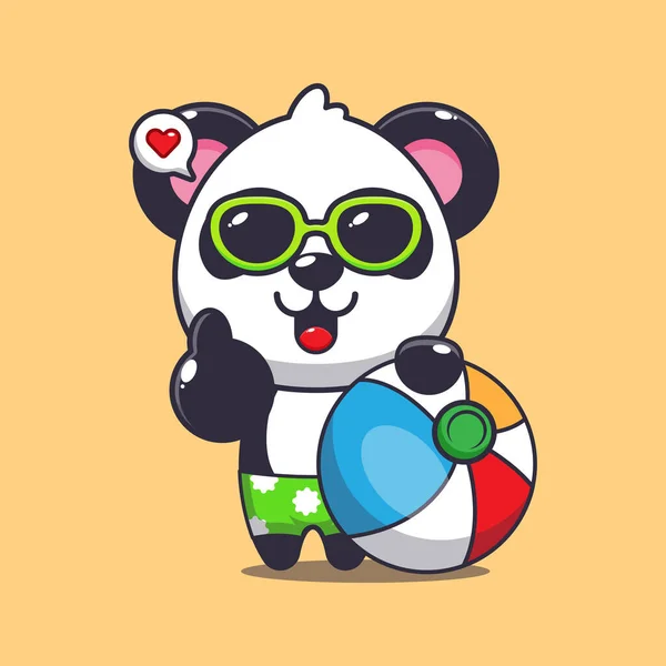 Cute Panda Okularach Przeciwsłonecznych Piłki Plażowej Ilustracji Kreskówki Cute Letniej — Wektor stockowy