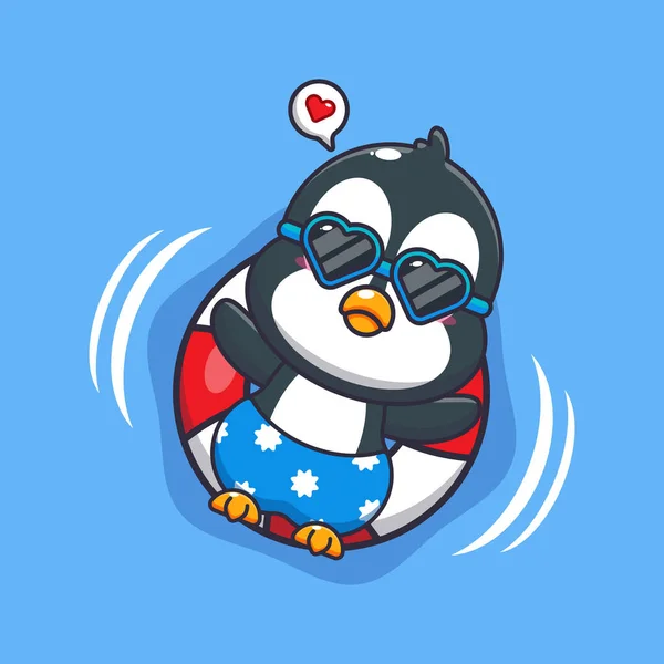 サングラスのかわいいペンギンはブイで浮かぶ かわいい夏の漫画のイラスト — ストックベクタ