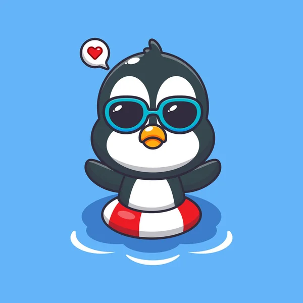 Милый Пингвин Солнечных Очках Плавает Пляже Симпатичная Летняя Карикатура — стоковый вектор