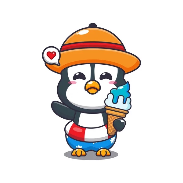 Mignon Pingouin Avec Crème Glacée Sur Plage Illustration Dessin Animé — Image vectorielle