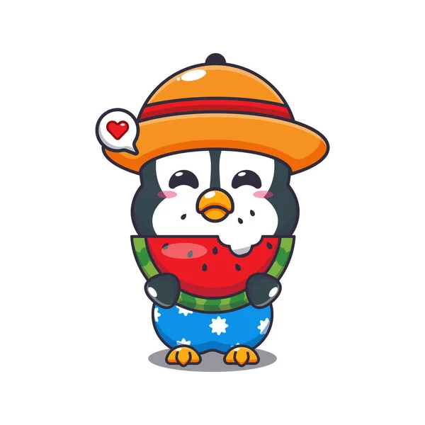 Carino Pinguino Mangiare Anguria Fresca Cartone Animato Illustrazione Carino Estate — Vettoriale Stock