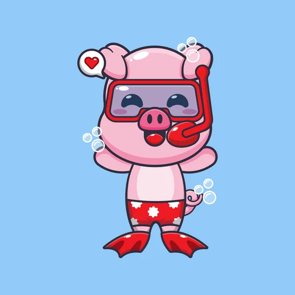 Cute Pig Diving Cartoon Mascot Character Illustration Cute Summer Cartoon — Stock Vector