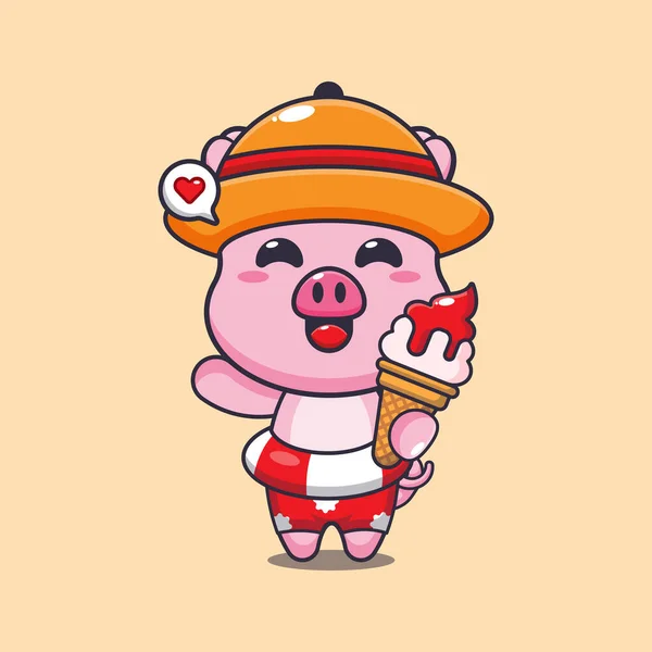 Cute Pig Ice Cream Beach Cartoon Illustration Cute Summer Cartoon — Stock Vector