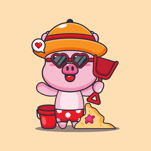 Cute Świnia Okularach Przeciwsłonecznych Grać Piasek Plaży Kreskówki Ilustracji Cute — Wektor stockowy
