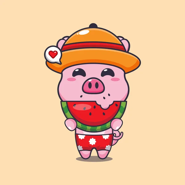 可爱的猪吃新鲜西瓜卡通画 可爱的夏季卡通画 — 图库矢量图片
