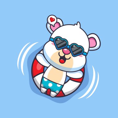 Güneş gözlüklü şirin kutup ayısı şamandırayla yüzüyor. Güzel bir yaz çizgi filmi çizimi. 