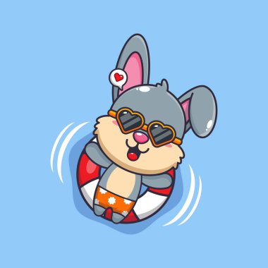 Güneş gözlüklü şirin tavşan şamandırayla yüzüyor. Güzel bir yaz çizgi filmi çizimi. 