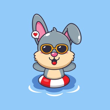 Kumsalda yüzen güneş gözlüklü şirin tavşan. Güzel bir yaz çizgi filmi çizimi. 