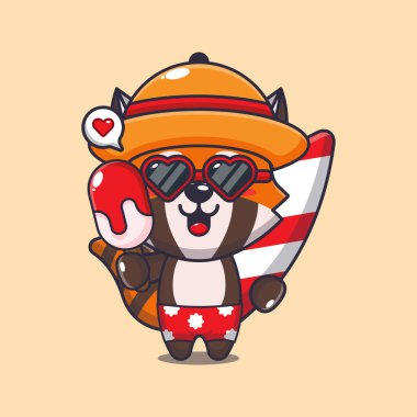 Sörf tahtası ve buz karikatürü resimli şirin kırmızı panda. Güzel bir yaz çizgi filmi çizimi. 