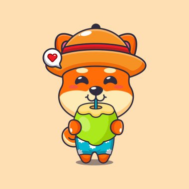 Şirin shiba inu taze hindistan cevizi çizgi filmi çizimi içer. Güzel bir yaz çizgi filmi çizimi. 