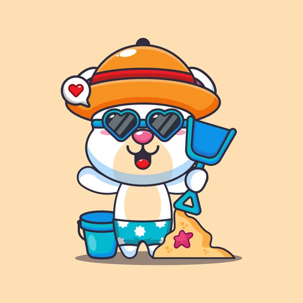 Cute Polar Bear Sunglasses Play Sand Beach Cartoon Illustration Cute — Stock Vector