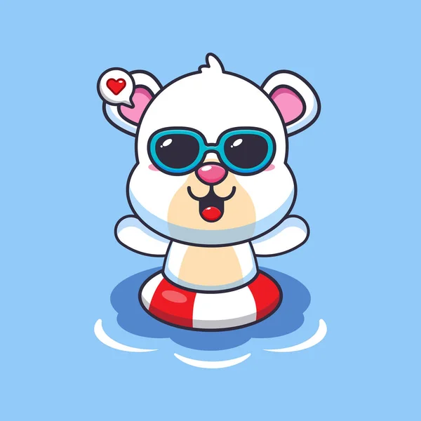 Cute Polar Bear Sunglasses Swimming Beach Cute Summer Cartoon Illustration — Stock Vector