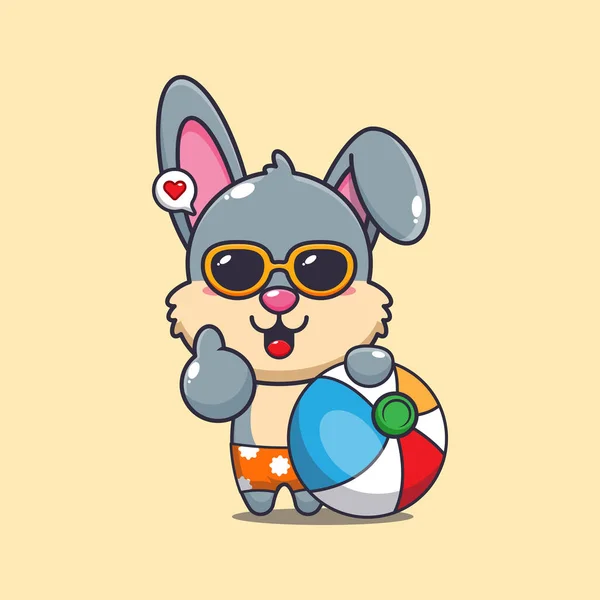 Cute Rabbit Sunglasses Beach Ball Cartoon Illustration Cute Summer Cartoon — Stock Vector