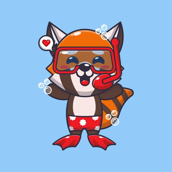 Cute Red Panda Diving Cartoon Mascot Character Illustration Cute Summer — Stock Vector