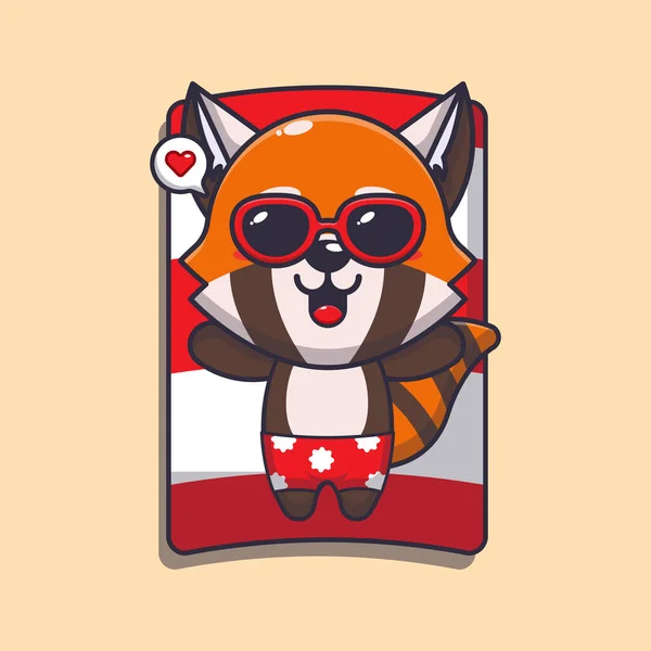 Ładna Czerwona Panda Okularach Przeciwsłonecznych Śpi Plaży Cute Letniej Ilustracji — Wektor stockowy