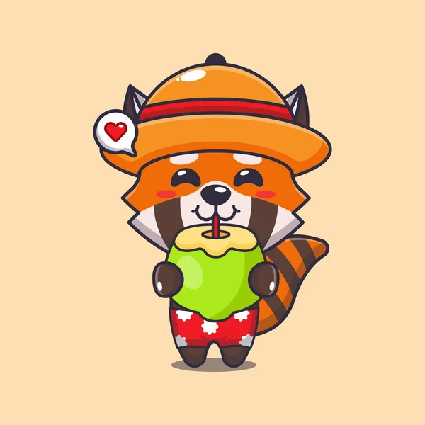 Niedlichen Roten Panda Trinken Frische Kokosnuss Cartoon Illustration Niedliche Sommer — Stockvektor