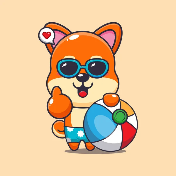 Cute Shiba Inu Okularach Przeciwsłonecznych Piłką Plażową Ilustracji Kreskówki Cute — Wektor stockowy