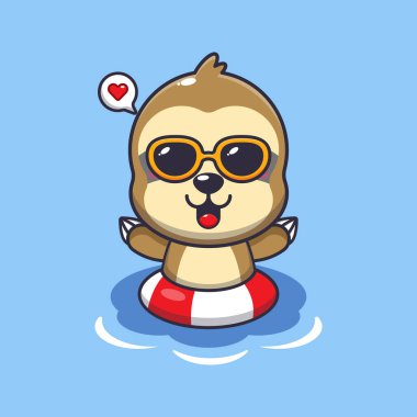 Plajda yüzen güneş gözlüklü şirin tembel hayvan. Güzel bir yaz çizgi filmi çizimi. 