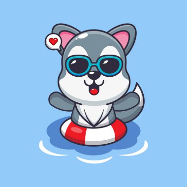 Güneş gözlüklü şirin kurt kumsalda yüzüyor..