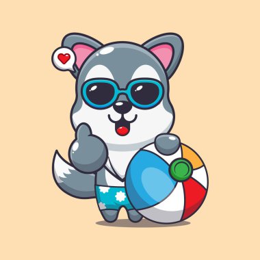 Plaj topu resimli güneş gözlüklü şirin kurt.