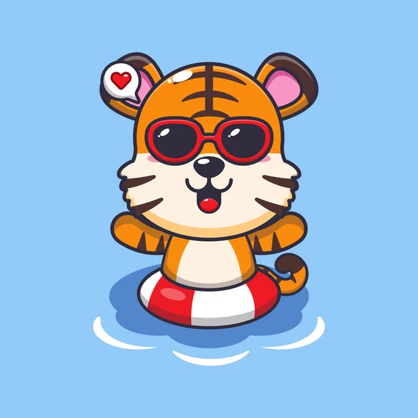 Cute Tygrys Okularach Przeciwsłonecznych Pływanie Plaży Cute Letniej Ilustracji Kreskówki — Wektor stockowy