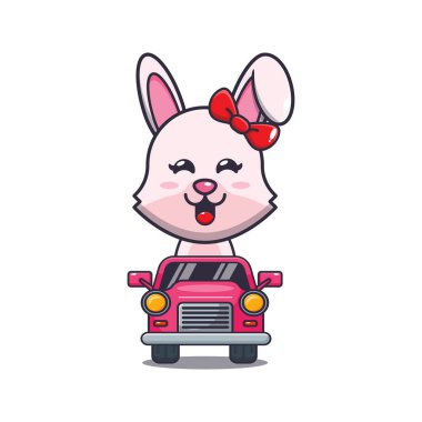 Araba karikatür çizimi üzerinde sevimli tavşan yolculuğu. Poster, broşür, ağ, maskot, etiket, logo ve simge için uygun vektör çizgi film ilüstrasyonu.